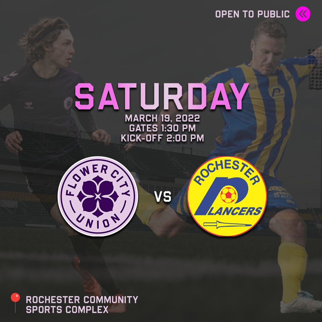 Flower City Union🏆 (@flowercityunion) on Twitter photo 📢 COME ON DOWN!
This Saturday, March 19th @ 2PM we will be hosting the <a href="/RLancers/">Rochester Lancers</a> in a friendly that's open to the public. ⚽️
Yes... you heard us right - OPEN TO THE PUBLIC!
Come watch us go head-to-head in prep for our upcoming home opener!
Details in next tweet⤵️ 📢 COME ON DOWN!
This Saturday, March 19th @ 2PM we will be hosting the <a href="/RLancers/">Rochester Lancers</a> in a friendly that's open to the public. ⚽️
Yes... you heard us right - OPEN TO THE PUBLIC!
Come watch us go head-to-head in prep for our upcoming home opener!
Details in next tweet⤵️