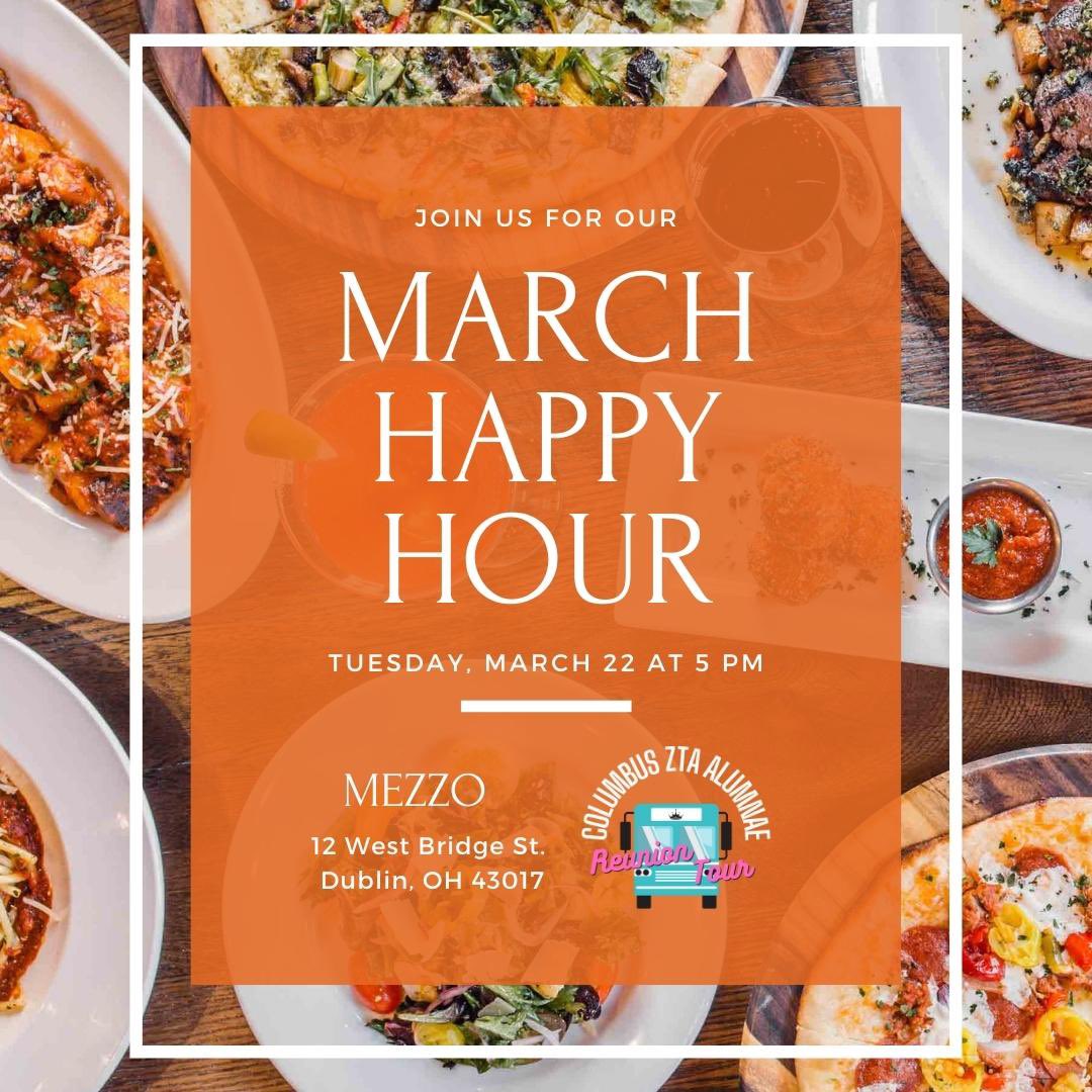ColumbusZTA's tweet photo. Happy Hour Reminder: We hope you can join our Columbus ZTA Alumnae March Happy Hour event next Tuesday, March 22 at 5 p.m., at Mezzo Dublin, a modern Italian restaurant. Happy Hour specials run from 4 to 6 p.m., with $6 appetizers, half-off pizzas, and drink specials. https://t.co/mnmv9KKLhV