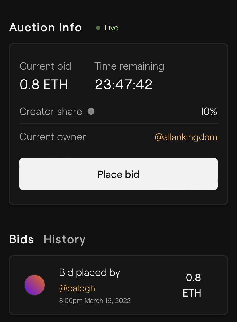 allankingdom's tweet photo. We’ve got our first bid for 0.8ETH ($2,080) by @acbalogh! 🥇

Let the games begin! ⚔️ https://t.co/AsQjGug0Oh
