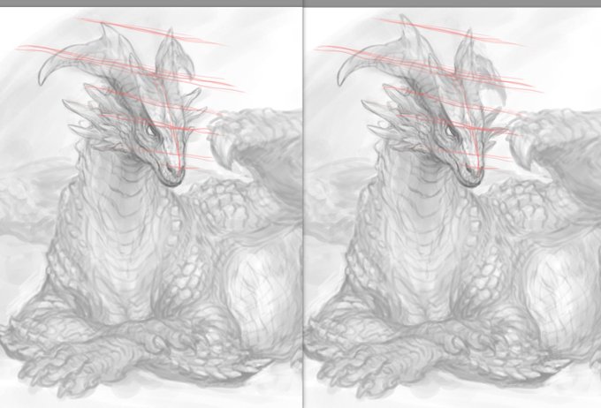 恒例の逆パース修正です。フィーリングで描いてると特に斜め顔の角はいまだに逆パースになっちゃう。
なんか歪んでない?ていう感じが直りました。
斜め顔描く時は皆さん一度これやってみると良いと思います。自分はどうしても奥が膨らんでしまう癖があります 