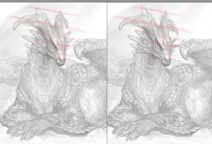 恒例の逆パース修正です。フィーリングで描いてると特に斜め顔の角はいまだに逆パースになっちゃう。
なんか歪んでない?ていう感じが直りました。
斜め顔描く時は皆さん一度これやってみると良いと思います。自分はどうしても奥が膨らんでしまう癖があります 