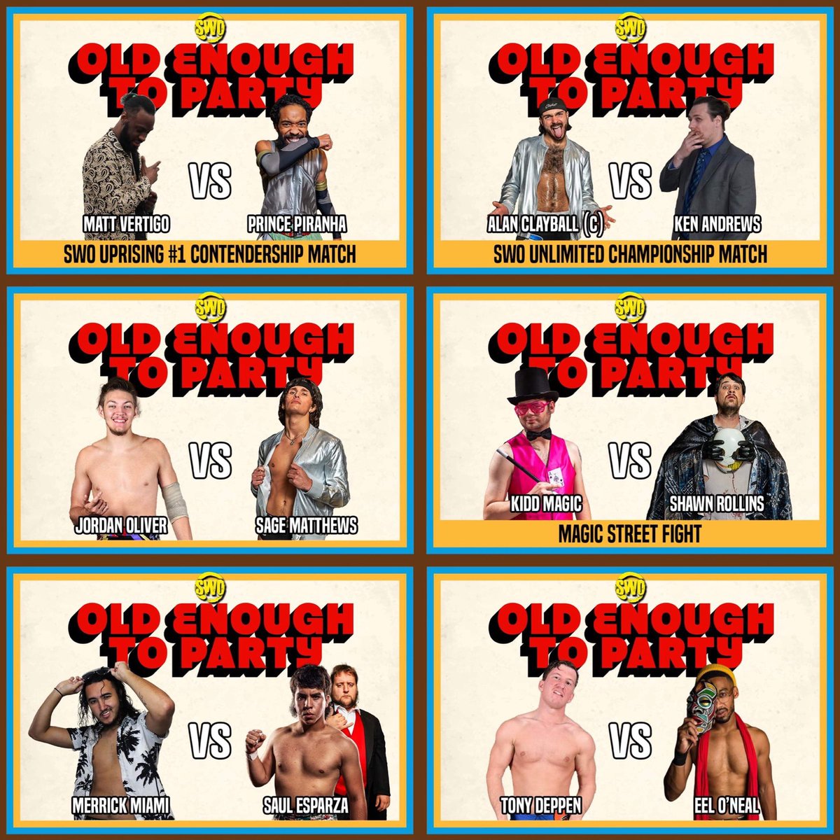SWO OLD ENOUGH TO PARTY

📅 3/19
🗺 35 Main Street, Seven Valleys PA
🚪- 6pm
🛎- 7pm
🎟- $20
🍺- BYOB 
📱- call/text: (717)324-9350

Feat:
-Vertigo 🆚 Piranha
-Clayball 🆚 Andrews
-Oliver 🆚 Sage
-<a href="/The_Kidd_Magic/">Magic</a> 🆚 Rollins
-Miami 🆚 Saul
-Deppen 🆚 Eel

&amp; more!