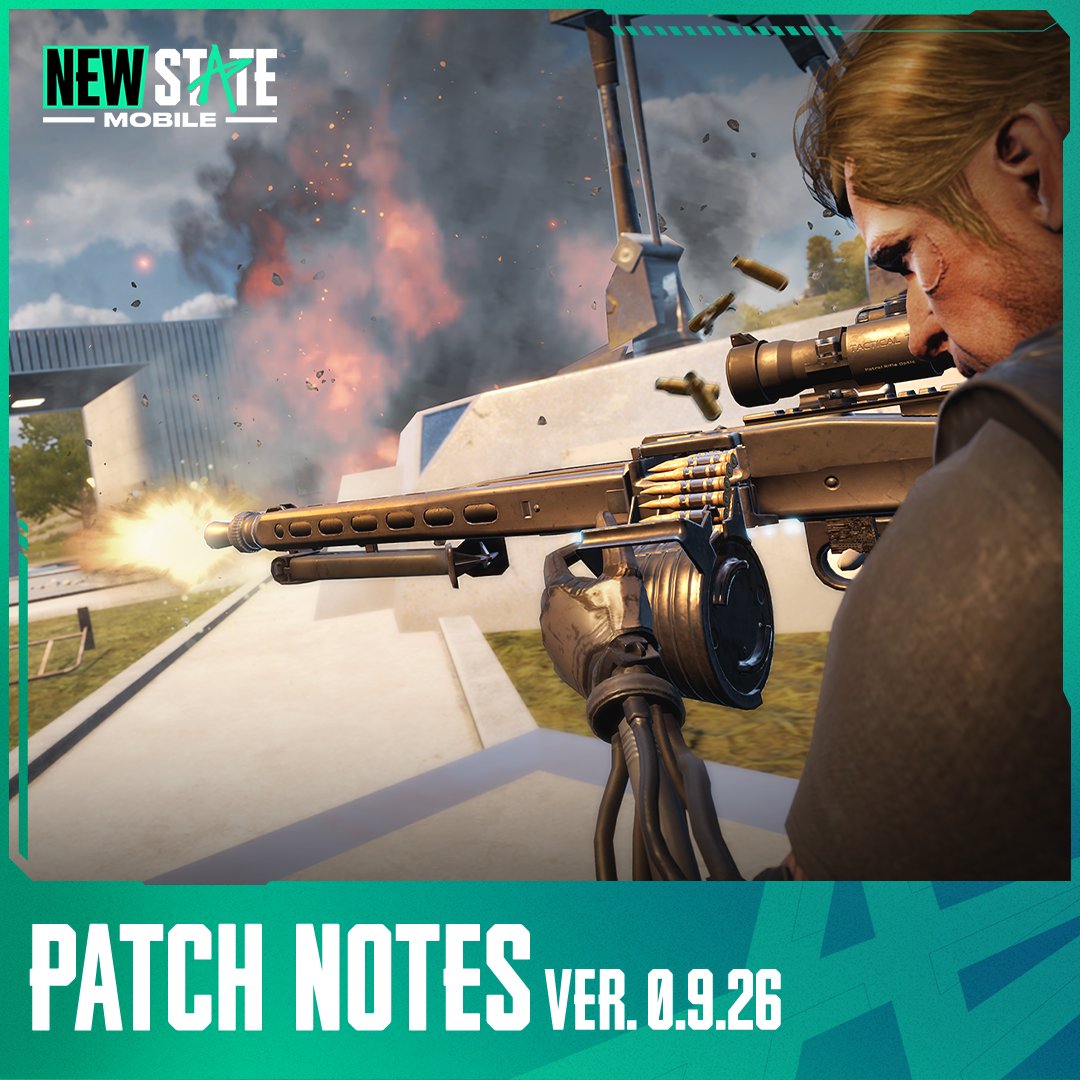 NEWSTATEMOBILE's tweet photo. Optimization updates and so much more await you in this exciting Patch v0.9.26 🔥
Start Season 2 off with a bang with the new weapon, MG3, updates to Erangel, and more!

For more details, visit our website:
https://t.co/lNMl2KQPPL

#NEWSTATEMOBILE #NEWSTATEPATCHNOTES https://t.co/3UYeWcDGXm
