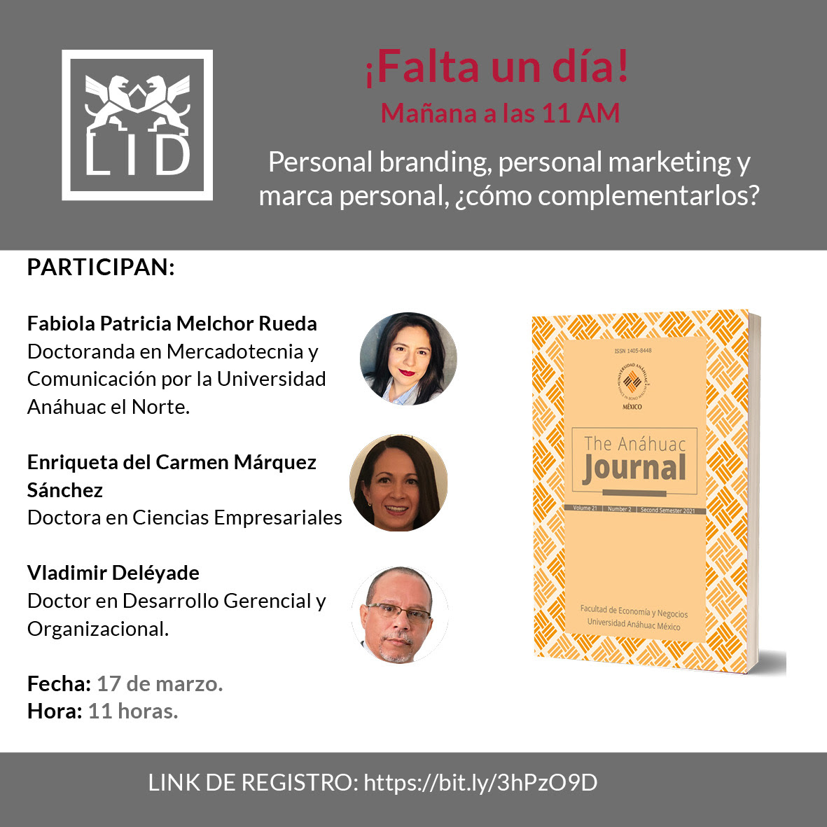 ¡Excelente día/tarde/noche, amigos!
Espero estén💪. Y les invito mañana, junto a la Doctoranda <a href="/fabimelchor/">Fabiola</a> y la Dra. Enriqueta Márquez, al #webinar sobre nuestro #artículoacadémico de #PersonalBranding, publicado dic. 2021 en la revista #AnáhuacJournal:
us06web.zoom.us/webinar/regist…