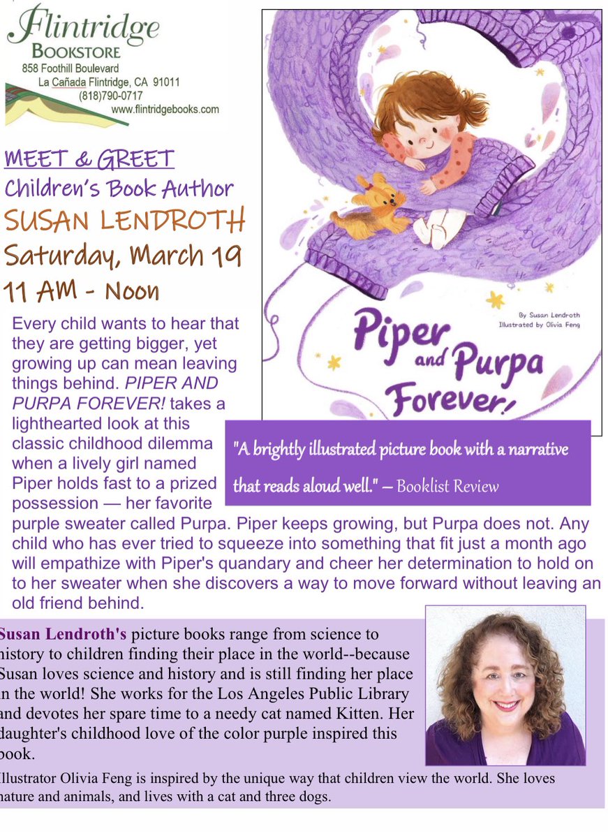GoodReadsRonna's tweet photo. Calling all L.A. locals who love #kidlit. This Sat. 3/19 in La Cañada, there’s a meet + greet w/picture book author #SusanLendroth at @flintridgebooks. Find out about her latest book, Piper and Purpa, Forever! @YeehooPress https://t.co/oTVq019OWv
