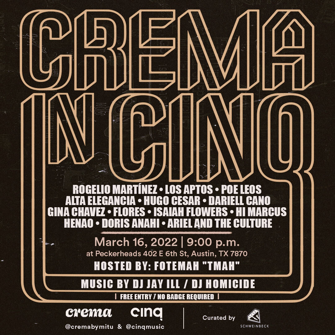 We are more than ready with the complete line-up! #TONIGHT the best of the Latin Indie scene arrives at Austin with <a href="/cremabymitu/">crema by mitú</a>   and <a href="/CinqMusic/">Cinq Music</a> 
Come at 9PM to <a href="/Peckerheads/">Peckerheads on Sixth</a>  
Music by <a href="/jalilmiles/">jalil miles</a> and @homicidethedj
Hosted by @tmah_jump
Curated by @Schweinbeck
¡Te esperamos!