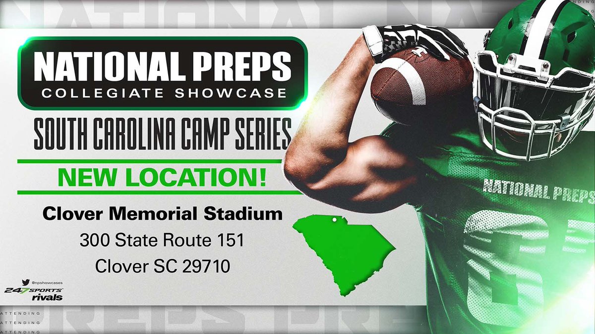 🚨 ATTENTION NP SC SHOWCASE PARTICIPANTS 🚨

SC Camp is still in Clover SC on April 9th.

However, we are moving it from the Clover HS Practice Field ➡️ Clover Memorial Stadium. 

GPS = 300 STATE ROUTE 151

👀 THE NEW ADDRESS ⤵️

Coaches &amp; Campers PLZ Retweet! 🗣️
<a href="/NPShowcases/">National Preps Showcases</a>