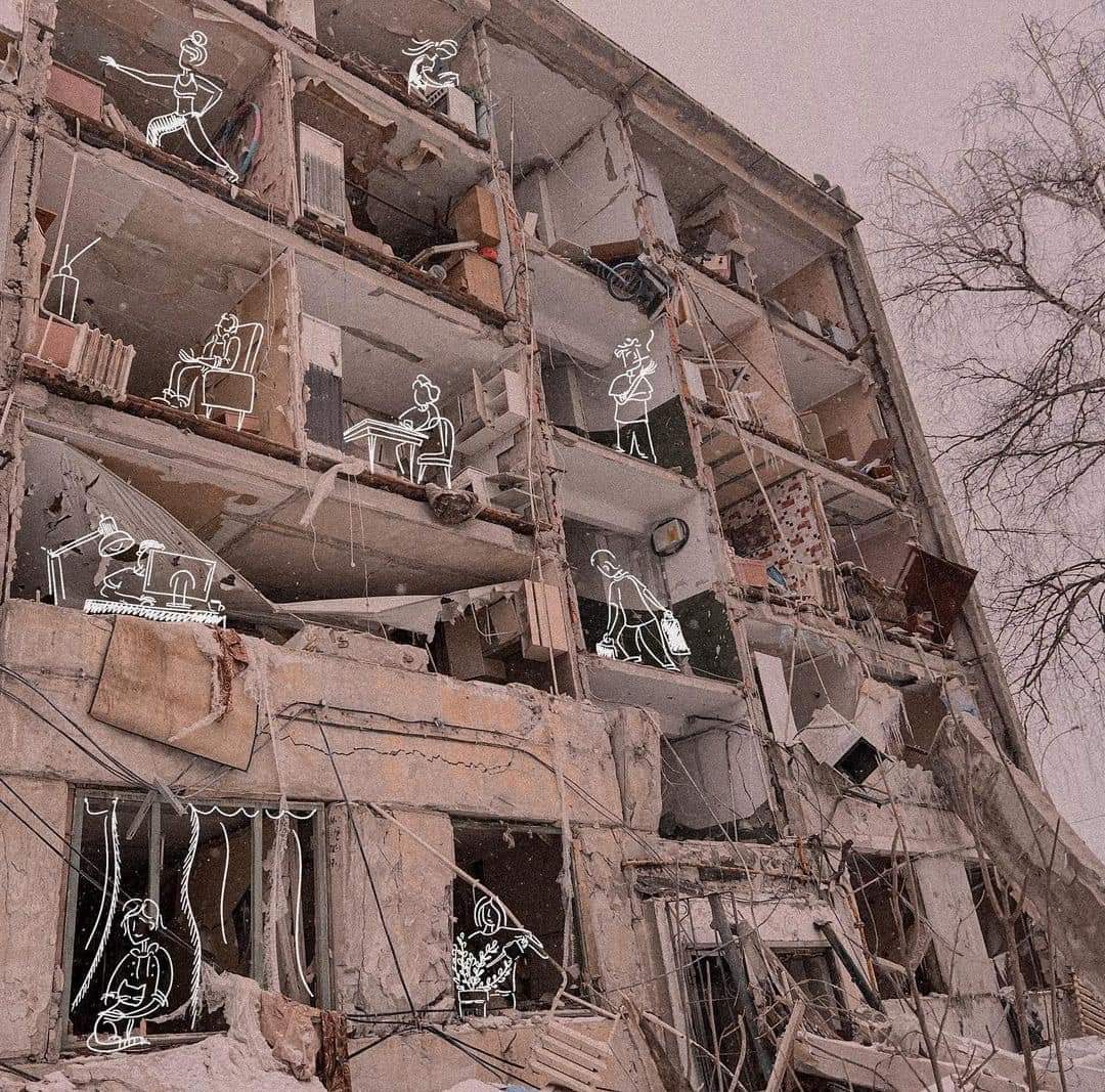 These damaged houses were someone's homes - full of love, hopes and childrens' smiles. 
Last 20 days devasted lives of millions of people in #Ukraine, forcing over 1.5M #UkraineChildren to flee their homes. 
Hearbreaking visual by Kharkiv based illustrator Sasha Anisimova