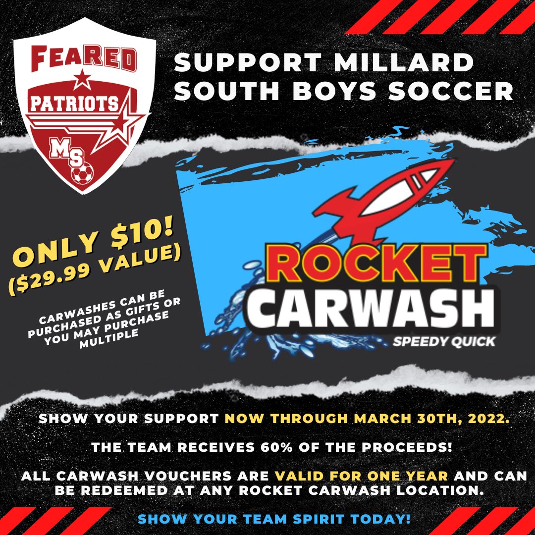 SamStutheit's tweet photo. Millard South Boys Soccer needs your support!! Click on the link below to purchase a $10 car wash ($29.99 value). Our program gets 60% of the proceeds. https://t.co/uvAtHadfvP @MillardSBSoc https://t.co/PxUaS6wNmW