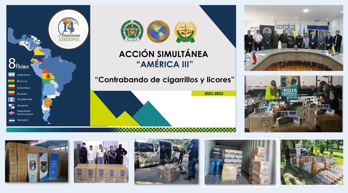 AmeripolOrg's tweet photo. 1. Se efectúa una acción enfocada en la desarticulación de organizaciones dedicadas al contrabando de cigarrillos y licores; se logra el desmonte de 16 estructuras delincuenciales, 188 capturados y mercancía avaluada en USD 9.5M.

#CaminoALaSeguridadRegional
@PoliciaAduanera https://t.co/kLKGwN5S7K