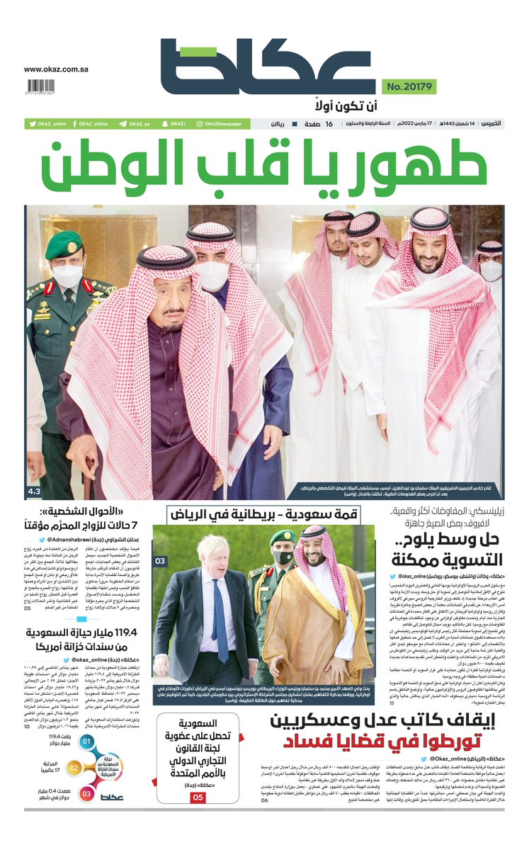 #عكاظ (الصفحة الأولى) #الخميس: 

-  طهور يا قلب الوطن 

- قمة سعودية - بريطانية في الرياض

- إيقاف كاتب عدل وعسكريين تورطوا في قضايا فساد

- حل وسط يلوح.. التسوية ممكنة 

#ان_تكون_اولا
okaz.com.sa