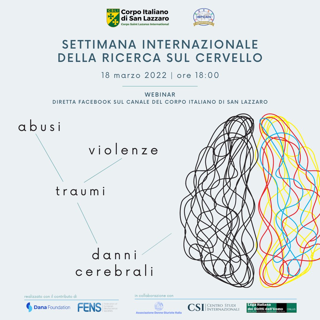 SanLazzaroITA's tweet photo. Avrà luogo il 18 marzo, alle ore 18, il webinar organizzato dal Corpo in occasione della settimana internazionale della ricerca sul #cervello 🧠 . L’incontro si inserisce nel progetto che il Corpo sta realizzando per la prevenzione di abusi, violenze e traumi. #BAW #BAW2022 https://t.co/eNWNjWEubp