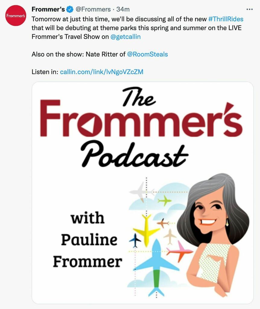 🎉 Super excited to be on <a href="/frommers/">Frommer's</a> podcast tomorrow on behalf of <a href="/roomsteals/">🛎 Room Steals</a>. Yes, that Frommer’s!

Join us! instagr.am/p/CbLiW1BO5tR/