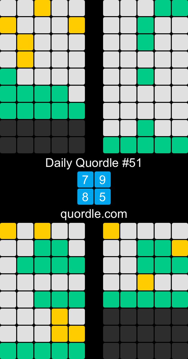 Daily Quordle #51
7️⃣9️⃣
8️⃣5️⃣
quordle.com