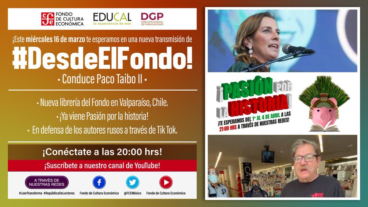 clubesFCE's tweet photo. Es miércoles y como cada semana te esperamos en #DesdeElFondo: #NuevaLibrería #PasiónPorLaHistoria #NoALaCensura ¡conéctate a nuestras redes a las 20hrs! ⁦@FCEChile⁩ ⁦@LibreriasEducal⁩ ⁦@Taibo2⁩ ⁦@Salasdelectura⁩ https://t.co/W4ZshUpqza https://t.co/7yASHBtHdA