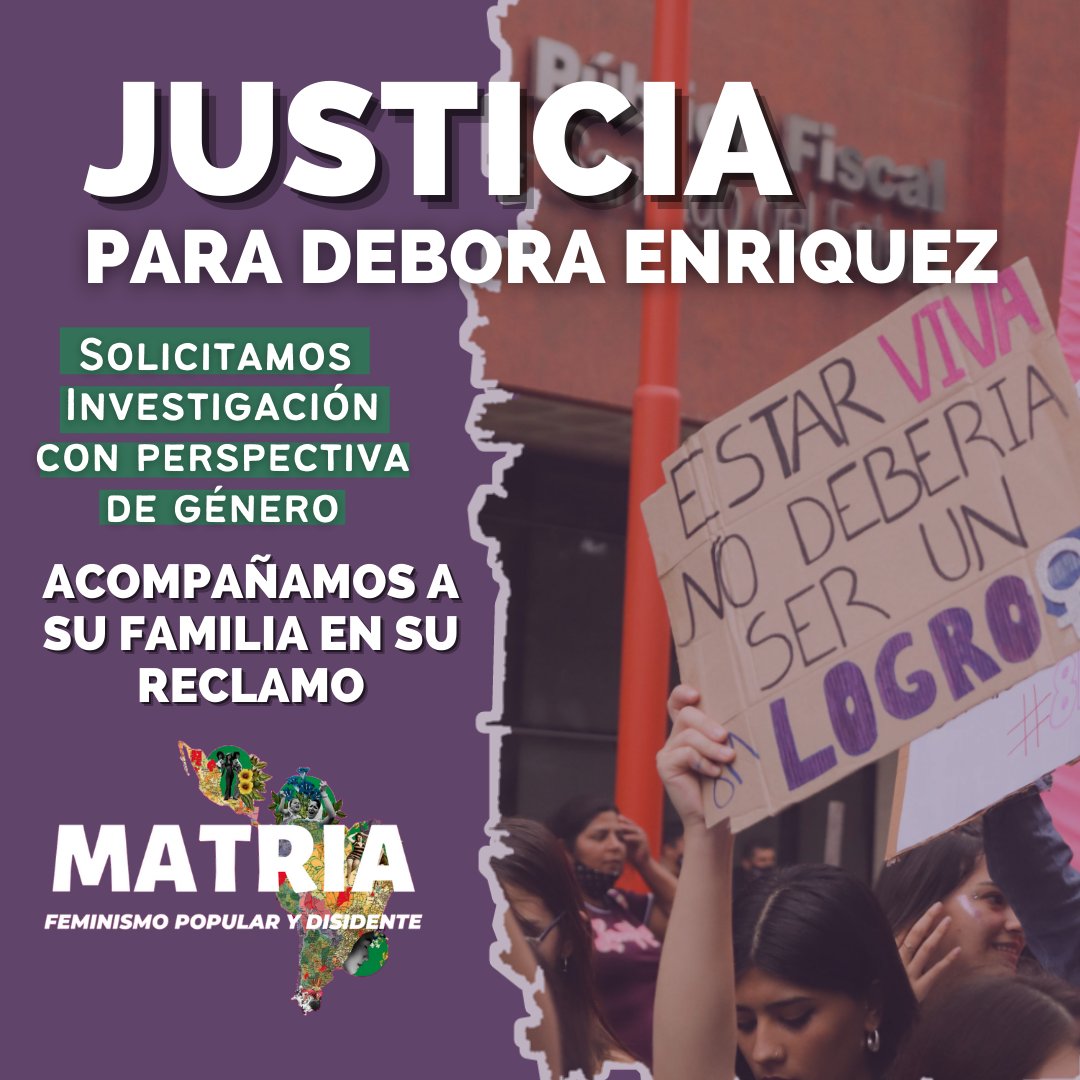 matria_sde's tweet photo. ‼️Solicitamos una investigación con perspectiva de género que tenga en cuenta el contexto de violencia que atravesó Debora y acompañamos a su familia en la concentración a realizarse el día viernes 18 a las 10 hs. en Fiscalia de la Ciudad de Frias. https://t.co/toNm0eF1qy