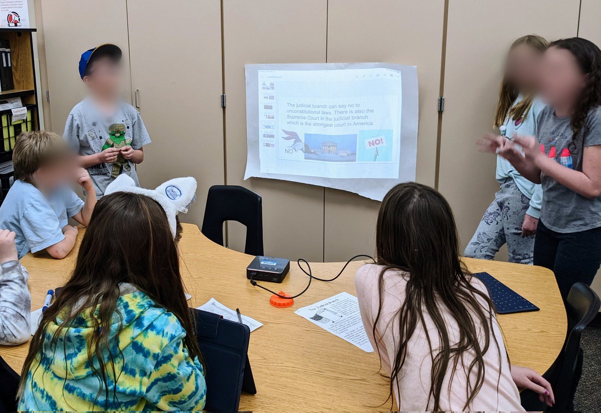 mrsolsonteach's tweet photo. Ss created a teaching tool to help their classmates learn about the branches of our U.S. Government. Ss created iMovies, posters, and slideshows. Some even got to present using the mini-projectors! #stvrainstorm https://t.co/2fv6zRtTTq