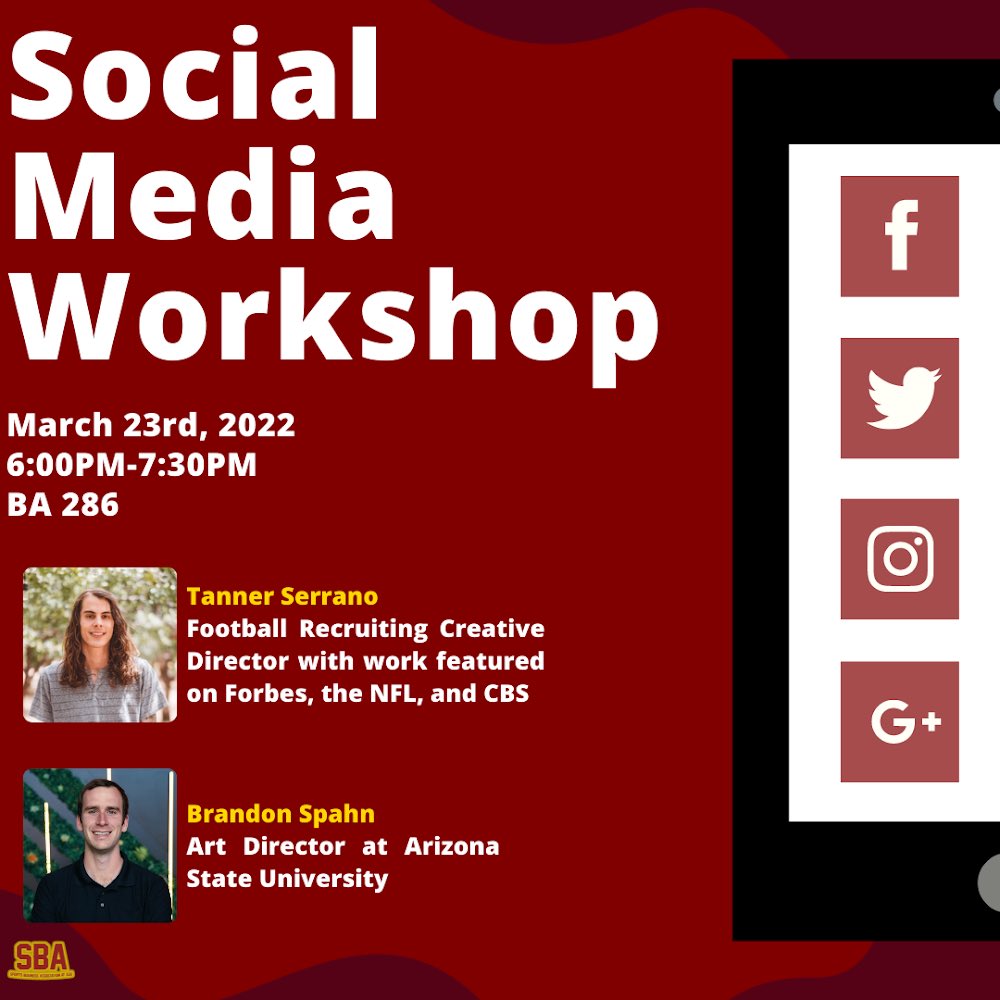 SBAatASU's tweet photo. Professionals who work in social media within the sports industry will lead this workshop explaining what they do, and how they do it!

RSVP using this link or though sundevilsync: https://t.co/5HFWGuMnfg

50% of the seats are already accounted for. Don’t miss out and RSVP ASAP! https://t.co/1csZffazF1