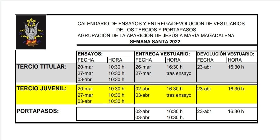 aparmagdalena's tweet photo. #Cronograma de los ensayos y recogida-devolución del vestuario de los Tercios y Portapasos de nuestra agrupación 
#SemanaSanta   #SemanaSanta2022 https://t.co/pIHAZWAC6U