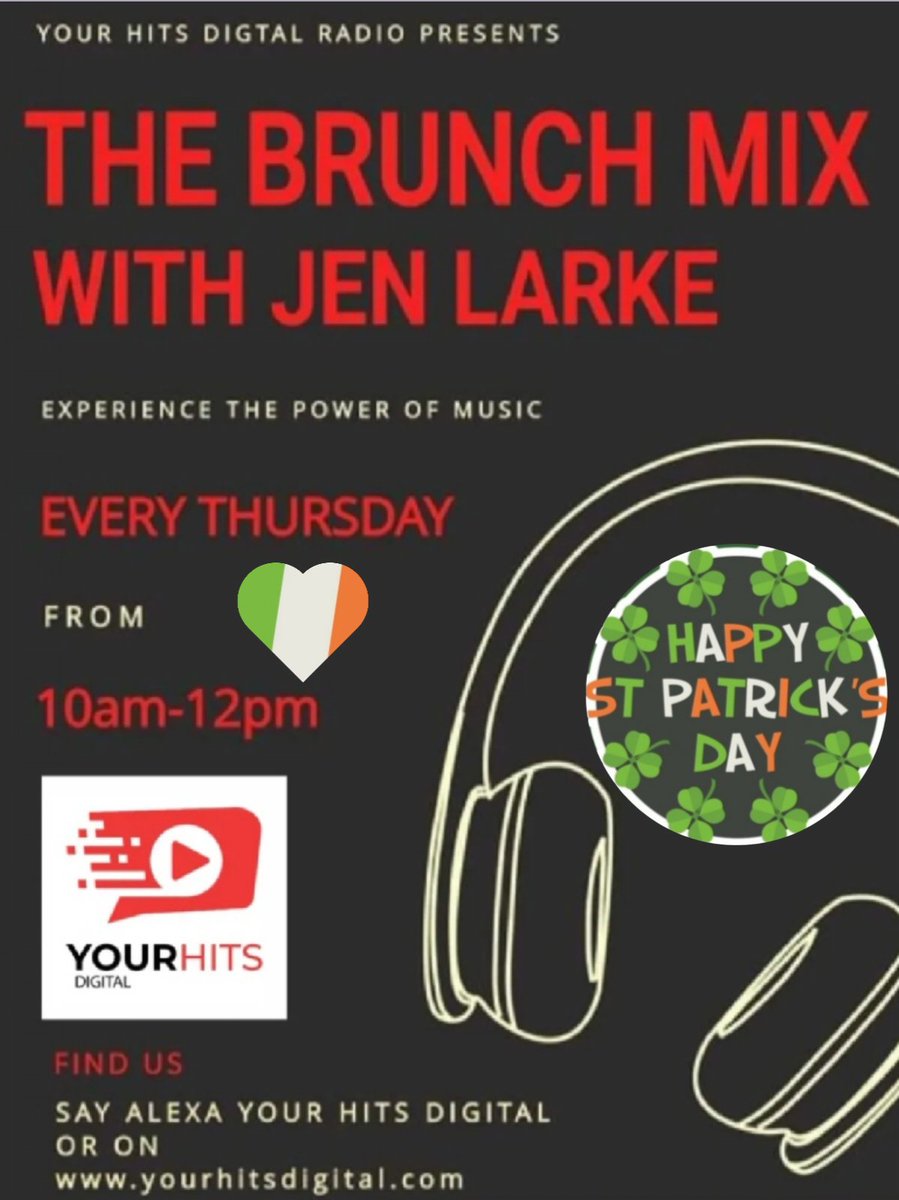 Brunch Mix St.Patrick's Day special airing tmr from 10-12noon on Your Hits Digital.☘️
Music by <a href="/U2/">U2</a> <a href="/ClannadMusic/">Clannad</a> <a href="/TheStunningBand/">The Stunning</a> <a href="/DamienRice/">damien rice</a> <a href="/BellX1/">Bell X1</a> <a href="/orlagartland/">orla gartland</a> <a href="/RubyMossMusic/">Ruby Moss - Eat plants, play music sing</a> <a href="/eoindevereux_/">Eoin Devereux</a> <a href="/LairdAidan/">AIDAN LAIRD</a> <a href="/elliotcrampton/">Elliot Crampton</a> <a href="/PeteKavanagh7/">Pete Kavanagh</a> and more.
👉 yourhitsdigital.com
#Radio