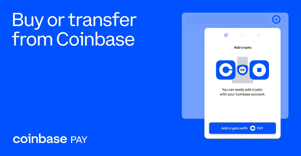 Cash. Click. Crypto.
 
Coinbase Pay lets you easily fund your web3 wallet, making it easy to get started with DeFi, NFTs and more in a few easy clicks.