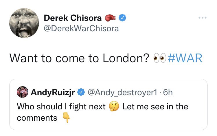 ringmagazine's tweet photo. Derek Chisora with an offer to Andy Ruiz Jr… https://t.co/OQ3iUvLvh6