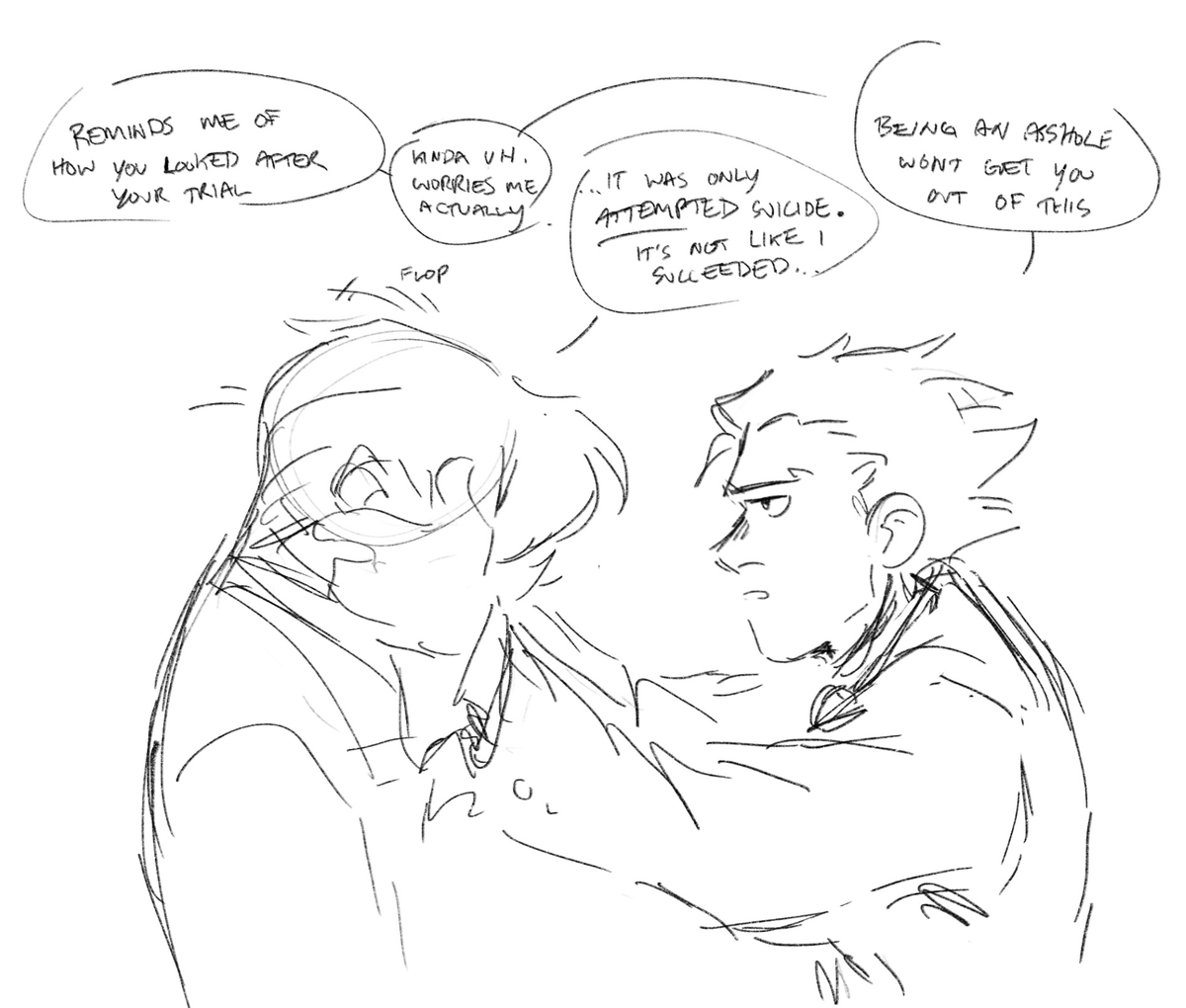 cw // mention of past suicide attempt
nrmts that i doodled for jay last night bc I was possessed by a need to draw them again