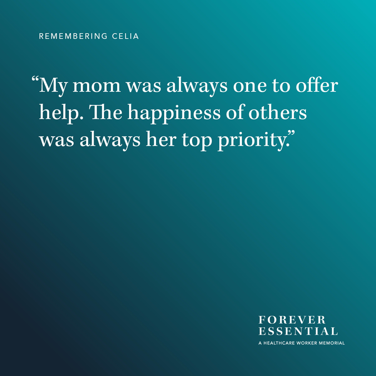 freveressential's tweet photo. Among her Filipino coworkers, Celia was known as “ate” (pronounced AH-tay), which means big sister. She always had a smile on her face. Celia was 61 and leaves behind her fiancé and two sons. https://t.co/7KESXfljbV 

#ForeverEssential #COVIDMemorial #COVIDRemembranceMonth https://t.co/2dTZXVQfZB