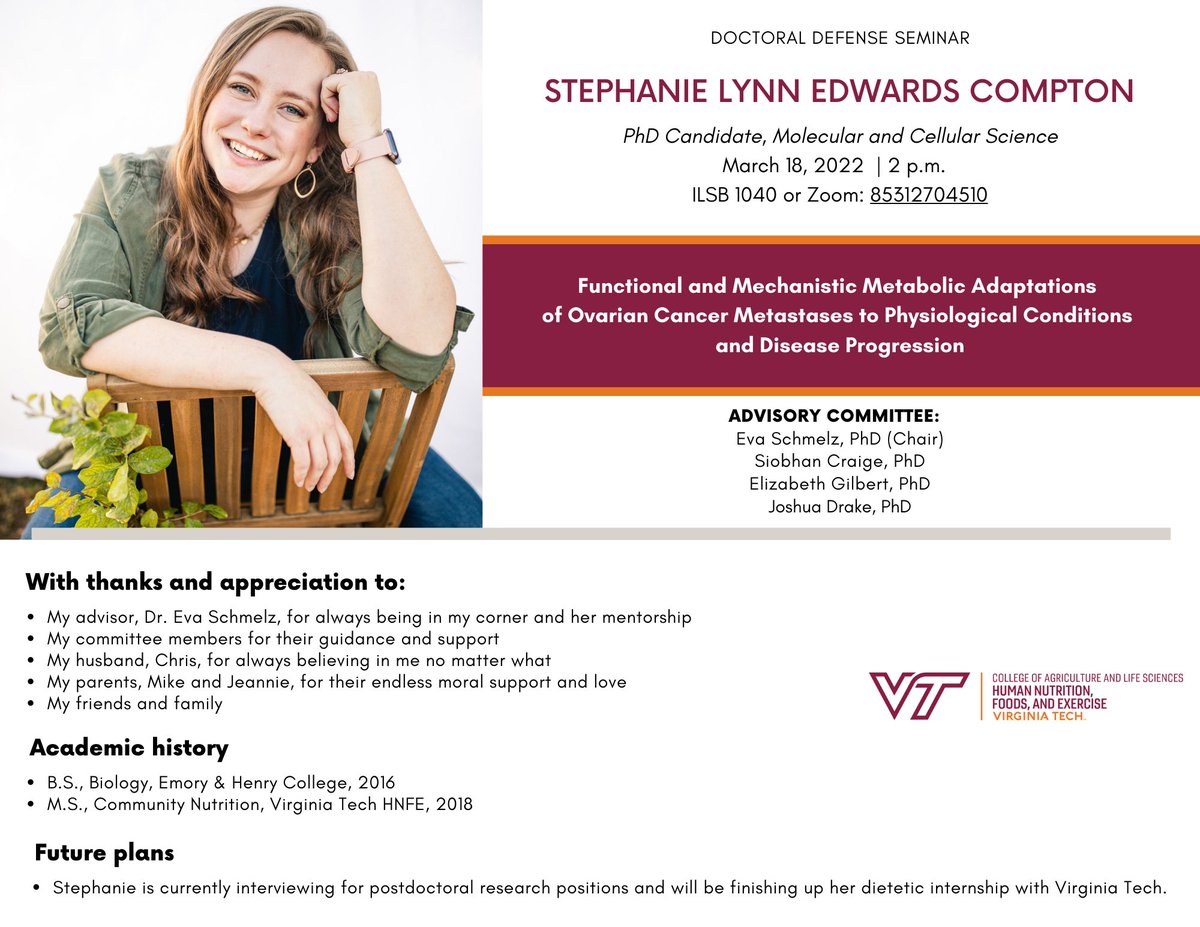 VTHNFE's tweet photo. Stephanie Edwards Compton defends her dissertation on metabolic adaptations of ovarian cancer metastases on March 18 #vthnfestudents #vthnfedefense https://t.co/eWV6HTavNu