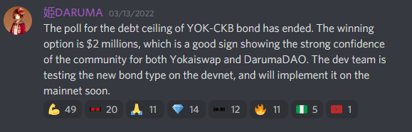 RadioNervos's tweet photo. 📢 The first asset on the @Daruma_DAO Growth zone will be $YOK from @yokaiswap, with a $ 2 million debt ceiling

🔬 The dev team is testing the new bond type on the devnet, and will implement it on the mainnet soon https://t.co/uqm7pILsny