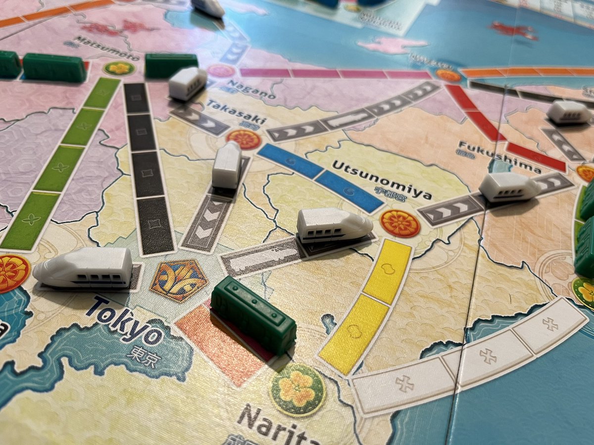cbsaltveit's tweet photo. I like the addition of bullet trains in #TickettoRide: Japan by @days_of_wonder. Once claimed, any player can use that route to complete longer routes. I also like the Tokyo and Kyushu subway networks. It felt like a nice simulation of traveling in Japan. https://t.co/jexvY0qlEw