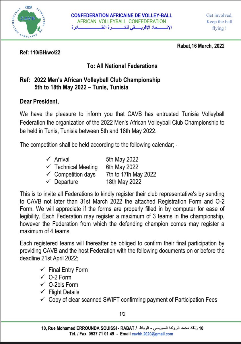 CAVBPress's tweet image. Breaking News, Tunisia will host the 2022 Men's African Volleyball Club Championship.