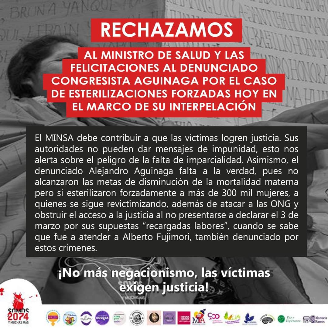 dhsfcusco's tweet photo. 🔴📢#DHDF se suma a este rechazo.
Ministro @HernanCondoriM le recordamos que Alejandro Aguinaga está siendo investigado JUDICIALMENTE por la denuncia de más de 1000 mujeres a la que el "programa de planificación familiar" esterilizó forzosamente. !Basta de negacionismo! https://t.co/iBXLwlpenB