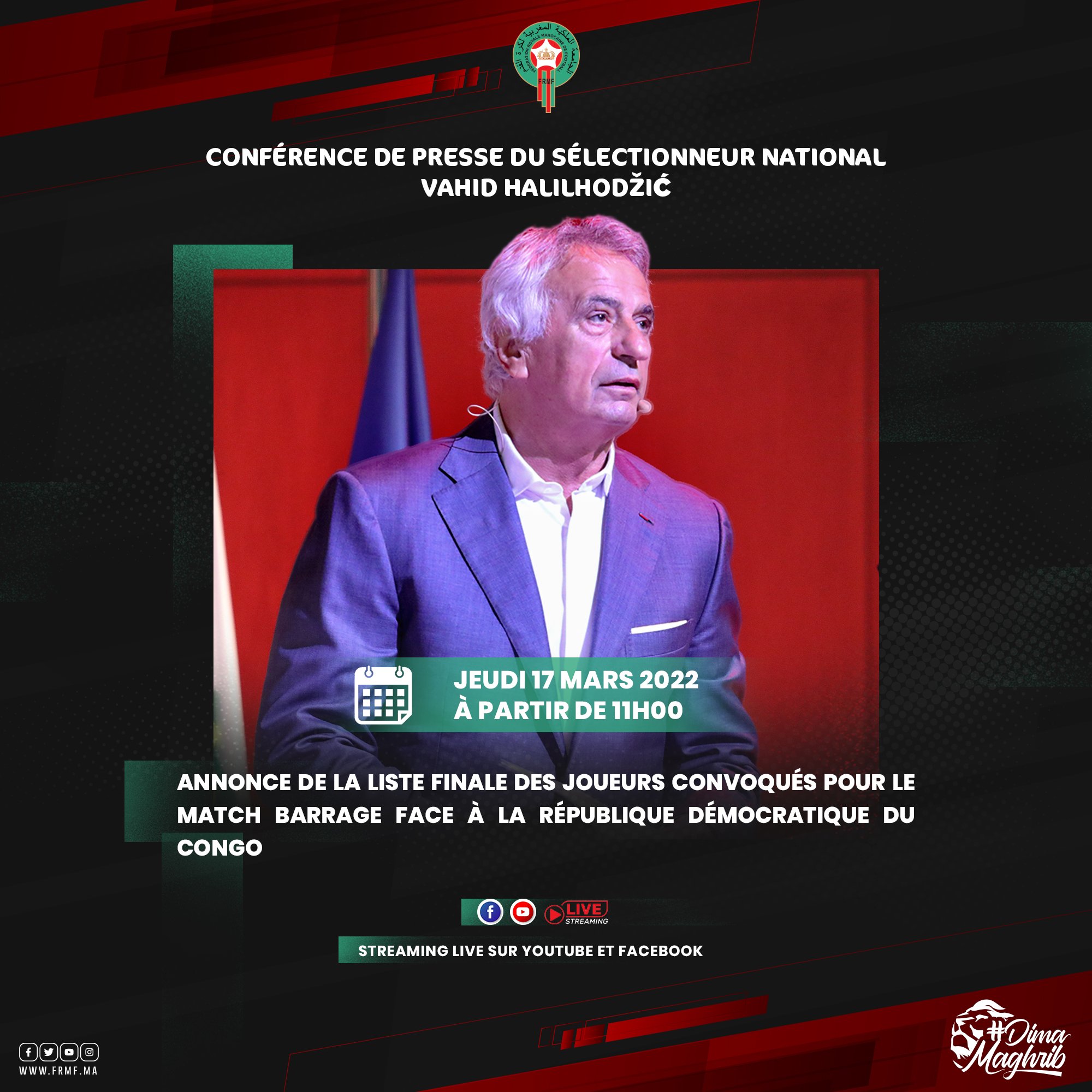Foot Streaming Twitter Équipe du Maroc on Twitter: "🎥 The journey continues to reach 2022 FIFA  World Cup Qatar. Coach Vahid Halilhodžić will hold a press conference  tomorrow to announce the #AtlasLions list for the