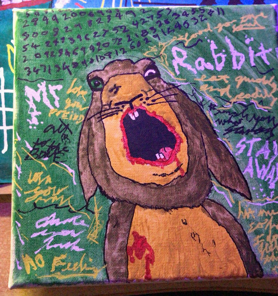 My son has just finished a painting that is called, "The Consequences of Showing Watership Down to Your Young Children".

I am both proud and ashamed.