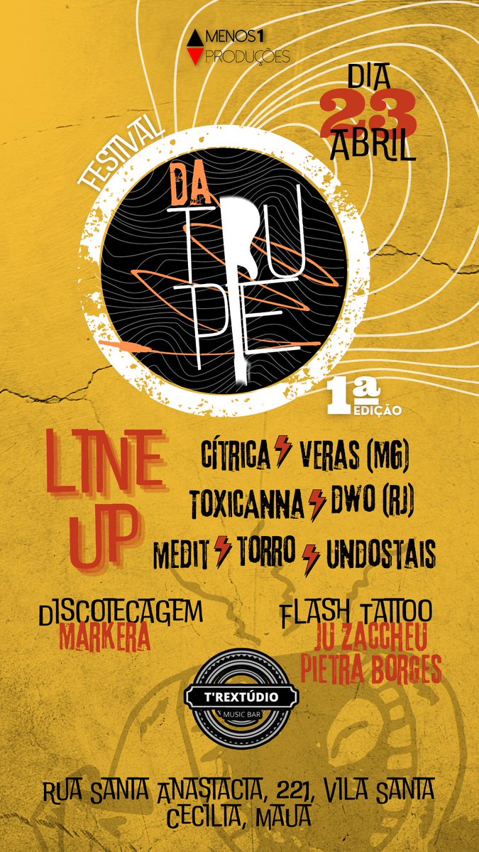 Menos1P's tweet photo. Vem ai o 1ª Festival Underground da Menos1

7 bandas de SP/ABC PAULISTA/RJ/MG com mt som autoral de qualidade, discotecagem, flash tattoo, cobertura jornalística durante td o evento e diversão garantida no T'REXTÚDIO!

Não perca a oportunidade de conhecer mais do novo ROCK BR! https://t.co/ZNYE7Bvn6w