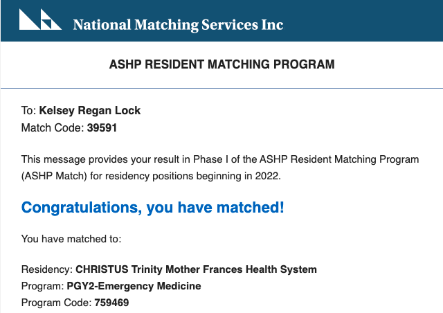 klock_pharmd's tweet photo. Absolutely over the moon!! I am going to be an emergency medicine pharmacist!! 🚑 #Match2022 #PharmRes #TwitteRx #EMRx 

TN➡️MS➡️NC➡️TX https://t.co/0RxmKd2Rmi