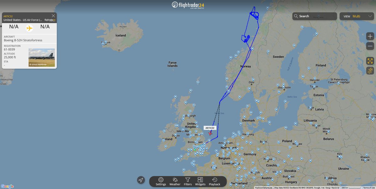 GrammarDomin8rx's tweet photo. Just woke up a while ago, checking on all our metal birds now and awww yeah B52 #ARTIC32 went to play with NATO (at least that's what I'm assuming lol) ^_^
#flightradar24 #OSINT #NATO https://t.co/6yJTy9M1pQ