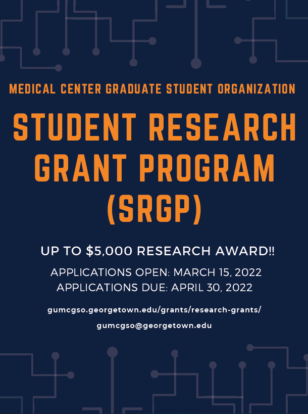 GUMCGSO's tweet photo. MCGSO is officially taking applications for the Student Research Grant Program to fund YOUR research, with awards up to $5,000! We will be accepting applications until April 30th but will be reviewing these grants on a rolling basis. https://t.co/DHKpZTBxSz https://t.co/pX2DI6ETCk
