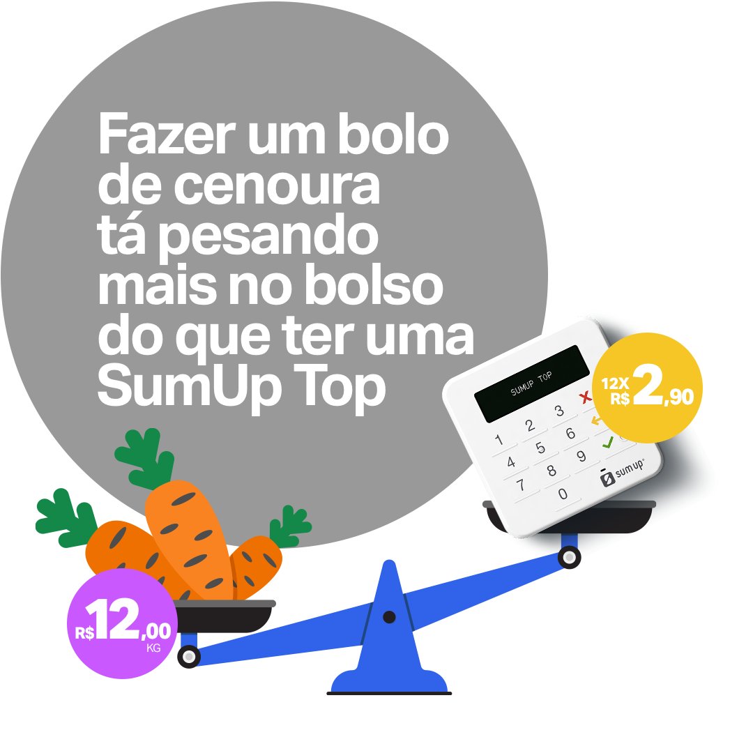 A vida dos amantes do bolo de cenoura NÃO TÁ FÁCIL! O quilo dela subiu 83%! Mas a gente facilitou a sua ideia de começar a empreender e abaixamos 75% o valor da parcela da maquininha SumUp Top! Entre no site sumup.com.br/promo-top/ e peça a sua.