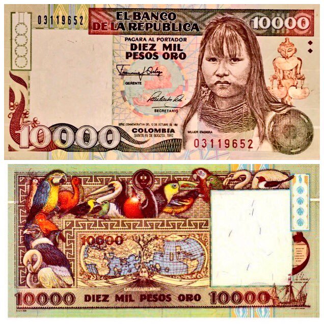 DeepSageApp's tweet photo. Billete de $10.000 Pesos Oro emitido en 1992, representa la mujer Emberá y la biodiversidad de nuestro país. Considerado uno de los billetes más hermosos de Colombia. Fue impreso por el Banco de México 
@Banxico
 y emitido por 
@BancoRepublica
. https://t.co/nWFUXd195y