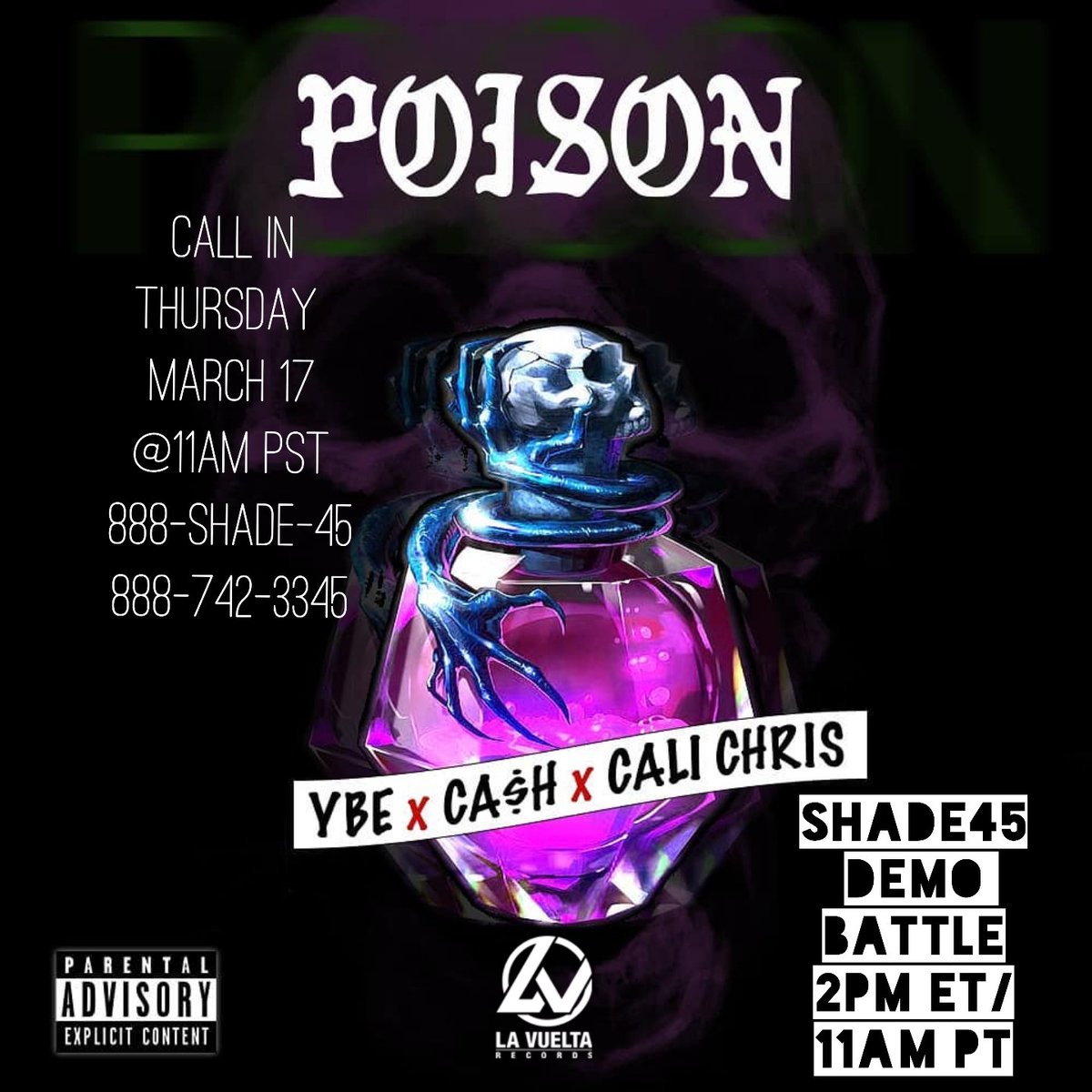 mrcash714's tweet photo. Tune in to Shade 45 @ 11am PST on Thursday 3/17 and call 888-SHADE-45
888-742-3345 to vote for "Poison" 💀😈 #Shade45 #SiriusXm #Westcoast #HipHop https://t.co/cYUI0Apn9I