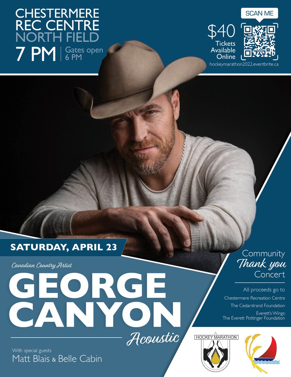 ChestermereRec's tweet photo. We are SO excited to welcome George Canyon to the Rec Centre on April 23, for an intimate acoustic concert, courtesy of the Hockey Marathon for the Kids.

Get your tickets 👉 https://t.co/NaUBFN9oVn https://t.co/wFT9Rq2xYP