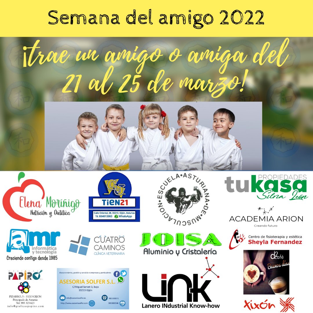 cdjudolacalzada's tweet photo. Semana del amigo, del 21 al 25 de marzo.
No dejes pasar la oportunidad de traerte a clase a un amigo para que conozca nuestro deporte.
🥋🫂 https://t.co/4kU5LnVNR3