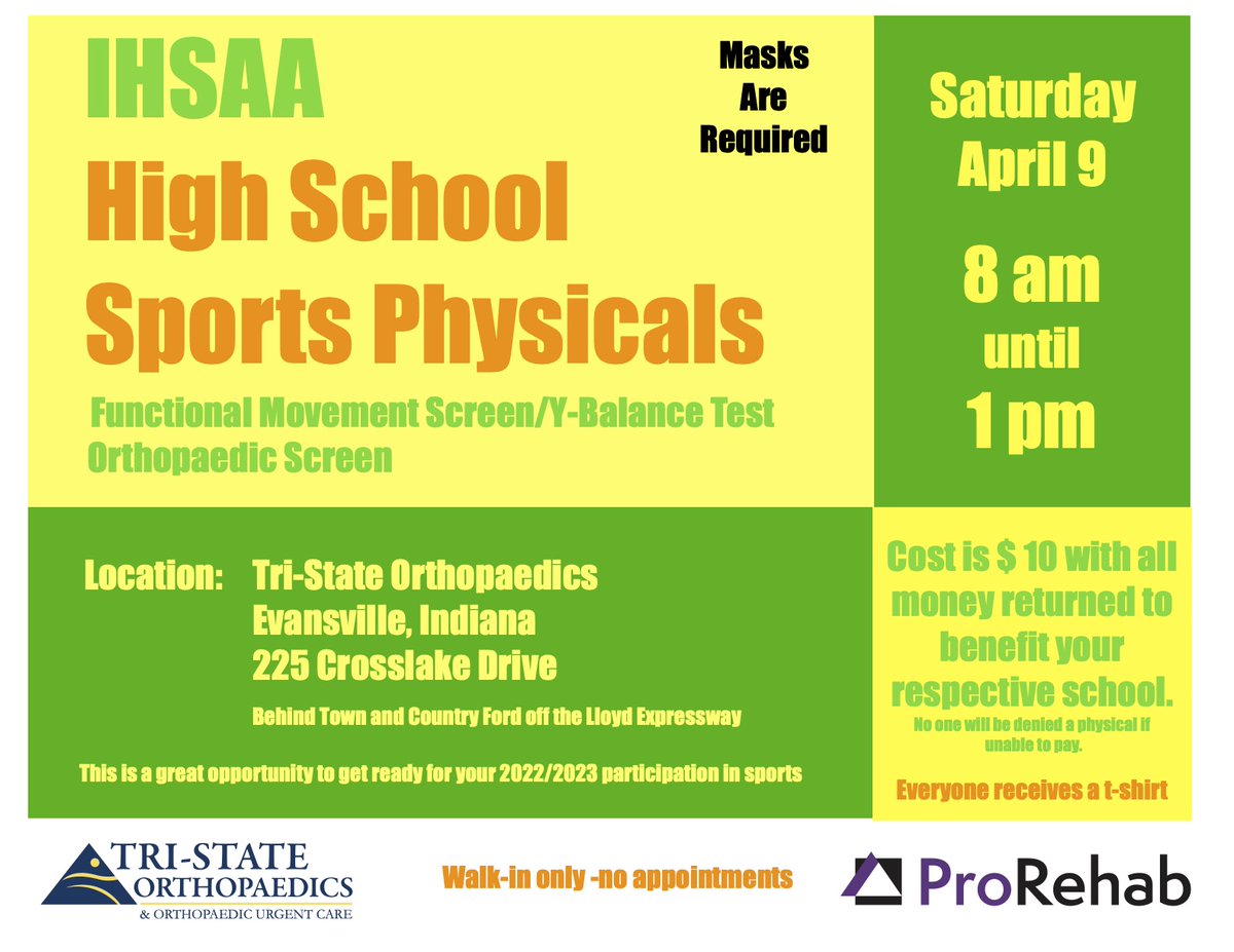 Our Annual High School Sports Physical Day will be Saturday, April 9th from 8am - 1pm at Tri-State Orthopaedics - 225 Crosslake Dr.     
Click link below to print and complete medical form information prior to arriving - ihsaa.org/.../quick.../P…