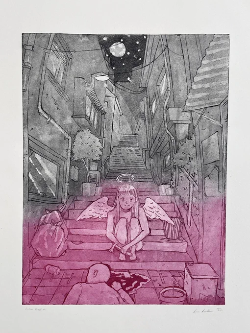 I'm permanently on the verge of crashing because of school and all I'm working on in my free time is commissions so no new art but I thought maybe I'd share some of my school work I'm happy with, starting from my etching class 