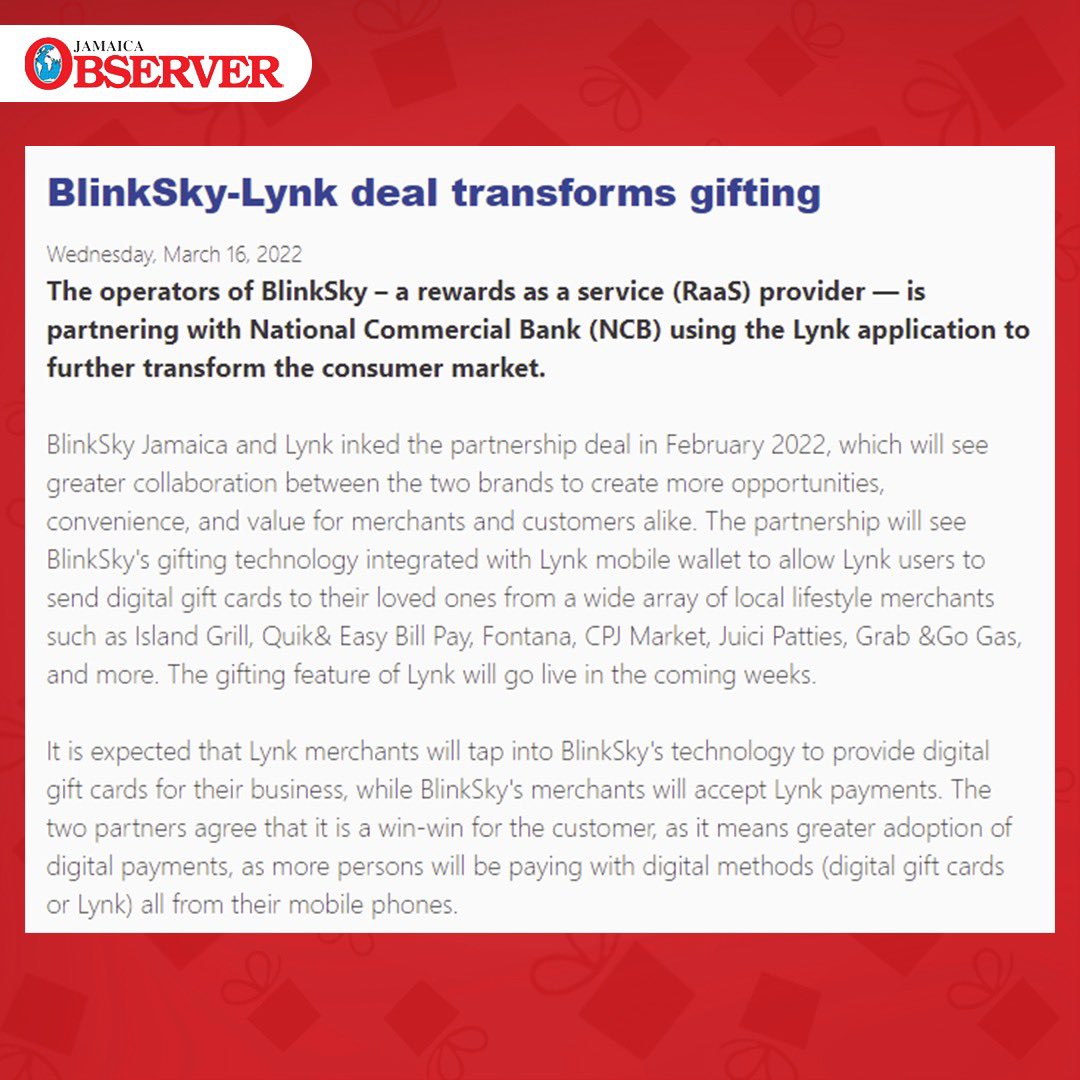 BlinkSky partnering with National Commercial Bank (NCB) using Lynk a mobile wallet app to further transform the consumer market. The gifting feature of Lynk will go live in the coming weeks.

Click the link to read more in article: amp.jamaicaobserver.com/business-obser…

<a href="/lynkjamaica/">LynkJamaica</a>