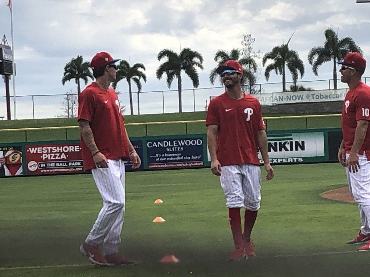 MurphsFanClub's tweet photo. Bowa on a practice field, @MickeyMoniak with @JTRealmuto practicing, JT taking swings and @rhyshoskins doing infield drills. #phillies #springtraining22 https://t.co/jLnD8vCP3f