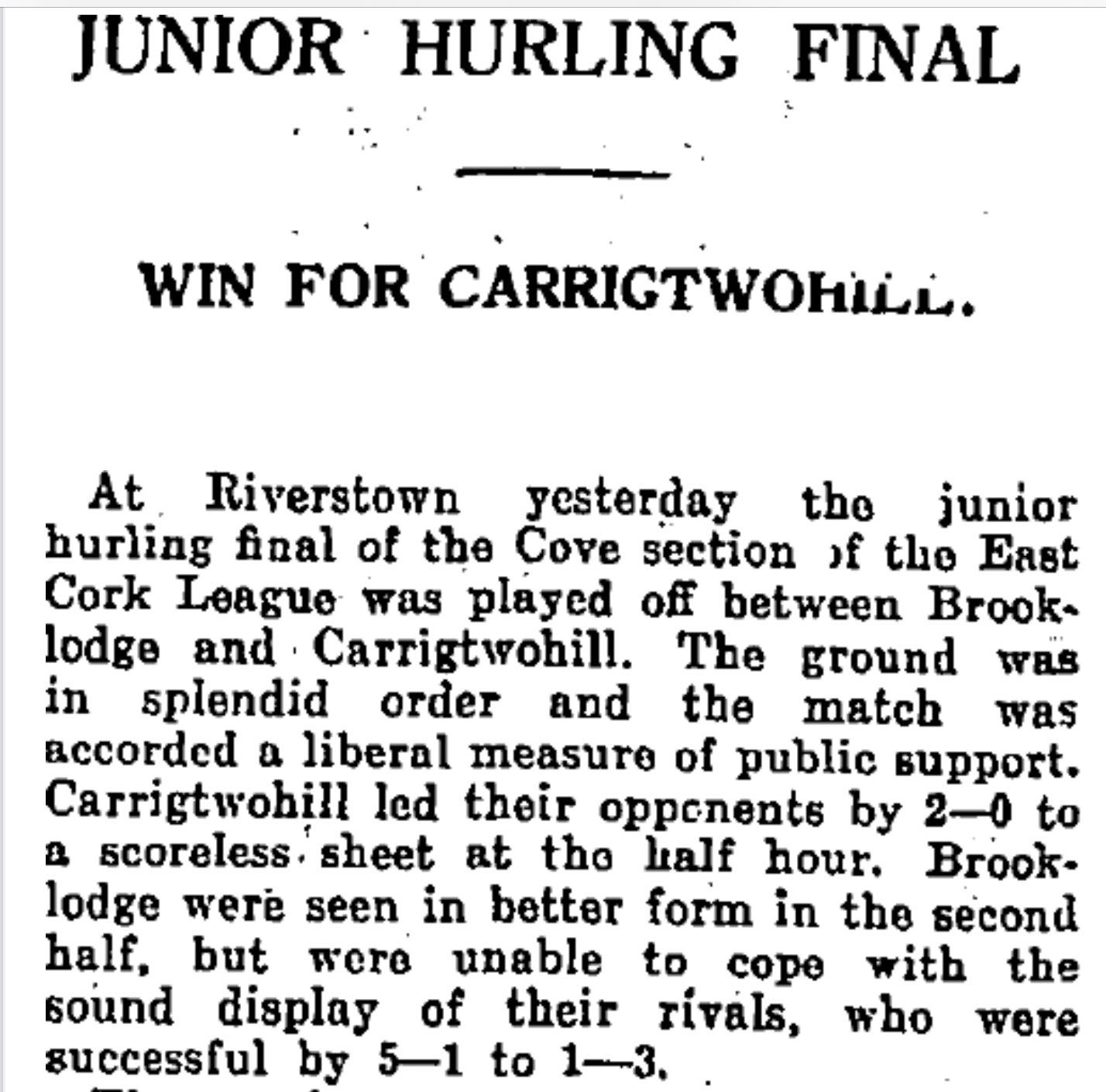 Cork Hurling History on Twitter "On this day in 1930 Carrig2hillGAA and the Brooklodge Club