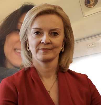 Nazanin Zaghari-Ratcliffe's plane selfie with a photo of Liz Truss edited onto it and almost completely obscuring Nazanin